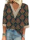 Blusa HOTYD de renda com decote em V com estampa floral boho para mulheres Navy M