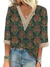 Blusa HOTYD de renda com decote em V com estampa floral boho para mulheres verde M