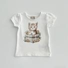 Blusa Infantil Feminina Milon Off White Estampa Gato Flores Manga Curta Menina Moda Kids