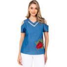Blusa jeans ciganinha com flor estampada