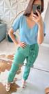 Blusa Jeans Manga Curta e Decote V - Monami