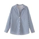 Blusa Listrada Azul E Branca De Manga Longa Para Mulheres, Camisa Com Botões Grandes Para Primavera Blusa Listrada Azul E Branca De Manga Longa Para Mulheres, Camisa Com Botões Grandes Para Primavera