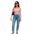 Blusa Malha Rosa Claro Decote Canoa Manga Longa