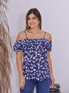 Blusa Manga Curta Feminina Ombro a Ombro Com Babados Chifon Premium e alça Regulável-Azul + Branco
