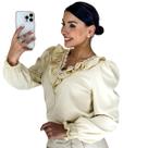 Blusa Manga Longa Social Feminina Gola V Rendinha com Babado