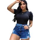 Blusa Manga Princesa, Bufante de Malha Canelada Cor Preta Tamanho G