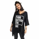 Blusa Maxi Comprida EstampaFrase Manga Três Quartos Gola V