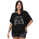 Blusa Maxi Preta Manga Morcego Estampa Detalhes Metálicos