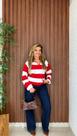 Blusa Modal Listrada Gola Polo Manga Longa Decote V Cor:Branco/VermelhoTamanho:M