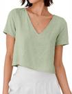 Blusa Mywinway de linho com decote em V, manga curta, cropped, tamanho XL Blusa Mywinway de linho com decote em V, manga curta, cropped, tamanho XL