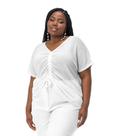 Blusa Plus Size Branca Malha Screen Shiny Gola V com Brilho Sutil