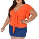 Blusa Plus Size Feminina Gola V Amarração Manga Laise Renda de Malha