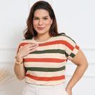 Blusa Plus Size Listrada Feminina T-Shirt Manga Curta Dobrada Casual