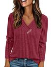 Blusa PRETTYGARDEN 2025 Suéter Solto Canelado Decote V S Bordô