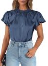 Blusa PRETTYGARDEN de Cetim Manga Curta com Babados Cinza Azul G