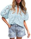 Blusa PRETTYGARDEN Decote V Manga Curta Renda Azul XXL Blusa PRETTYGARDEN Decote V Manga Curta Renda Azul XXL