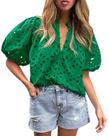 Blusa PRETTYGARDEN Verde Escuro com Renda Decote V Tamanho G