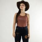 Blusa Regata Fivela Feminina Marrom Texas Strass Moda Country Western Rodeio Cowgirl Texas Ranch