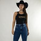Blusa Regata Fivela Feminina Preta Bordada Texas Strass Moda Country Western Rodeio Texas Ranch