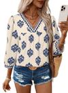 Blusa SHEWIN de manga 3/4 floral com decote em V azul claro XL