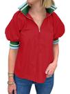 Blusa Skoinvb Summer para mulheres com meio zíper, decote em V, vermelha, tamanho GG