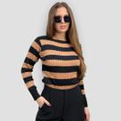 Blusa Suéter Feminino Tricô Trançado Listrado Bicolor Inverno