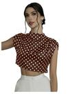Blusa SweatyRocks Satin Crop Top, gola franzida, bolinhas marrons Blusa SweatyRocks Satin Crop Top, gola franzida, bolinhas marrons