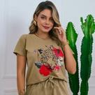 Blusa T-shirt Feminina 100% Algodão ESTONADA Manga Curta Gola Redonda ONÇA