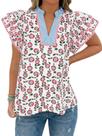 Blusa Tankaneo Floral com Manga Babado e Decote em V Rosa