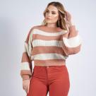 Blusa Tricot Cropped Manga Longa Inverno Elegante Listras