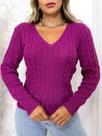Blusa Tricot Feminina Básica Decote V Trança Manga Longa