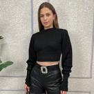 Blusa Tricot Feminina Gola Redonda Cropped Inverno Manga