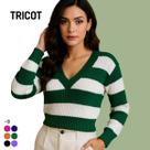 Blusa Tricot Manga Longa Gola V Listra Blusa Tricot Manga Longa Gola V Listra