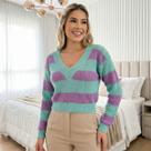 Blusa Tricot Manga Longa Gola V Listra Blusa Tricot Manga Longa Gola V Listra