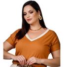 Blusa Tshirt Camiseta Feminina Plus Size Gola V Viscolycra Bicolor Caramelo e Off GG Veste 48 ao 54