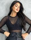 Blusa Tule Fios Lurex Body Manga Transparente Brilho Sexy