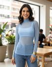 Blusa Tule Leve Manga Longa Gola Alta Elegante Romantica