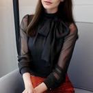 Blusa Túnica Chiffon Feminina - Manga Comprida, Gravata Arco, Moda Escritório