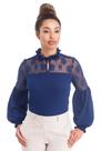 Blusa VerSil Azul Royal com Detalhe em Tule e Manga Balão Tamanho P