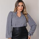 Blusa Xadrez Feminina Manga Longa Bufante Gola V