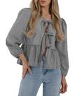 Blusa Xadrez Feminina PRETTYGARDEN com Peplum, Laço na Frente e Manga Longa - Tamanho L