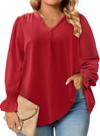 Blusas de chiffon Eytino femininas plus size de manga comprida com decote em V vermelhas 2X