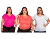 Blusas Femininas Camiseta Básica Lisa Manga Curta Plus Size Kit 3 Cores