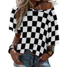 Blusas femininas Ykklima, preta e branca, estampa de bandeira quadriculada, sexy, camiseta casual de manga curta, 2GG