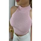 Blusinha Cropped Regata Frente Única Feminina Gola Alta Garrafinha Com Ponto Crochê Em Tricô Modal