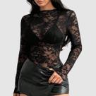 Body Blusa Feminina Floral Manga Longa Tule Transparente Sexy Sensual Romântico