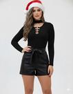 Body Blusinha Manga Longa Gola Choker Canelado Decote Argola