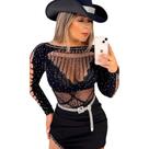 Body Brilho Abertura Nos Braços Arrastao Strass Sexy Luxo