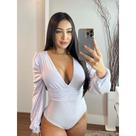 Body Com Bojo Liso Manga Estilo Bufante Longa Decote em V