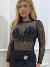 Body copa manga longa tule transparente com aplique de pedrarias de brilho prata